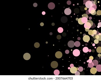 Pink gold confetti circle decoration for Christmas card. Bokeh lights effect vector. Gold, pink and rose color round confetti dots, circles scatter on black. Creative bokeh background.