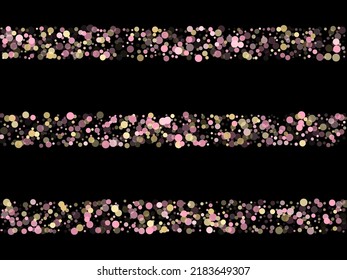 Pink gold confetti circle decoration for Christmas poster background. Bokeh lights effect vector. Gold, pink and rose color round confetti dots, circles scatter on black. Beautiful bokeh background.