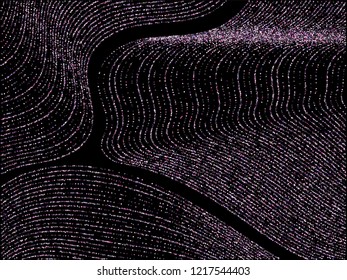 Pink gold curve lines of multiple rhombus confetti on black. Rich vector background with shiny stardust glitters. Party confetti dust curves stripes. Luminous glitter flow pattern, glossy lights print