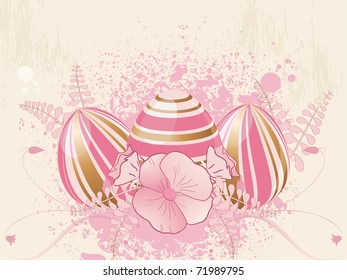 pink and gold easter eggs on a grunge floral background