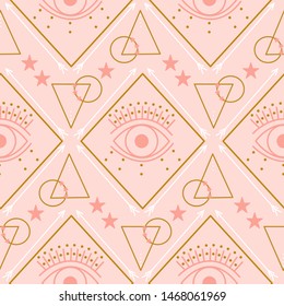 Pink and gold eyes and geometric elements in a seamless pattern design, that can be used on the web or in print, for surface design