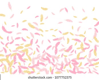 Pink gold feather ethnic background vector print. Carnival background with plumelet. Flying feather elements cute vector design for card, banner.