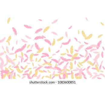 Pink gold feather ethnic background vector pattern. Weightless background with plumelet. Flying feather elements cute vector design for card, banner.