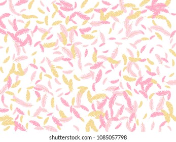 Pink gold feather ethnic background vector print. Simple background with plumelet. Flying feather elements cute vector design for card, banner.