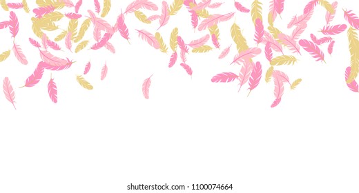 Pink gold feather ethnic background vector pattern. Tender background with plumelet. Flying feather elements cute vector design for card, banner.