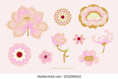 pink and gold flower vector. Chinese traditional floral pattern. Chinese new year decoration. Oriental style flower elements. Asia old graphic. Floral pattern and background. Spring flower blossom.