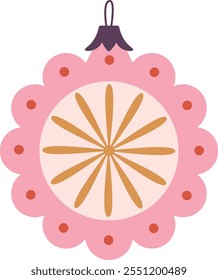 A pink and gold flowery ornament with a yellow center