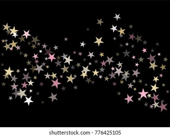 Pink gold flying stars confetti magic christmas vector, premium sparkles stardust background pattern. Holiday party decor in pink and gold, Christmas stars background vector, flying confetti sparkles.