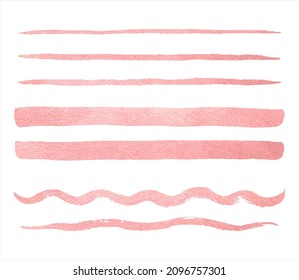 Líneas vectoriales de lámina de oro rosa, tramos desiguales, rayas, pinceles largos, subrayado conjunto. Pinzas de broche con textura de color rosa creativa de mano, elementos de diseño. Borde, plantilla de pancarta, fondo de texto