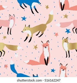 Pink and gold foxes, stars, snow on the pink background. Vector seamless pattern with wild forest animal. Winter xmas illustration.