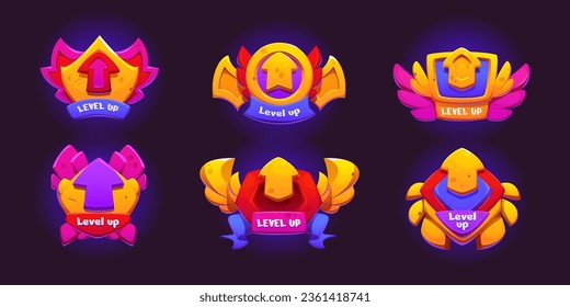 Pink and gold game level up badge icon ui award vector design. Rank bonus button for casino achievement and experience label cartoon set. Interface popup gui rating sign element with wings frame