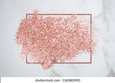 Pink gold glitter with a brownish red rhombus frame on a white marble background vector