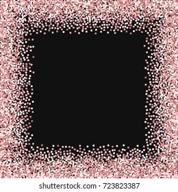 Pink gold glitter. Chaotic border on black background. Unusual vector illustration.