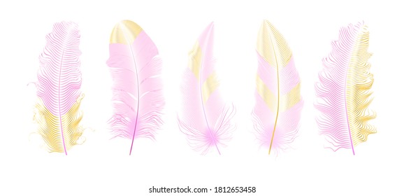  Pink and gold glitter feathers.Boho style elements,tattoo template.Hippie 
 gold design elements on a white background.Vector illustration.