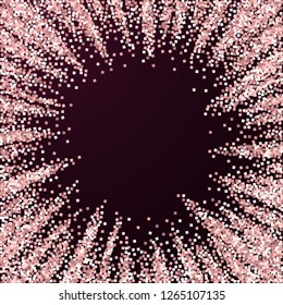 Pink gold glitter luxury sparkling confetti. Scattered small gold particles on red maroon background. Appealing festive overlay template. Juicy vector illustration.