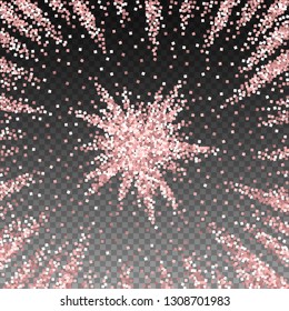 Pink gold glitter luxury sparkling confetti. Scattered small gold particles on transparent background. Actual festive overlay template. Curious vector illustration.