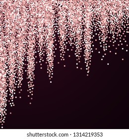 Pink gold glitter luxury sparkling confetti. Scattered small gold particles on red maroon background. Alive festive overlay template. Juicy vector illustration.