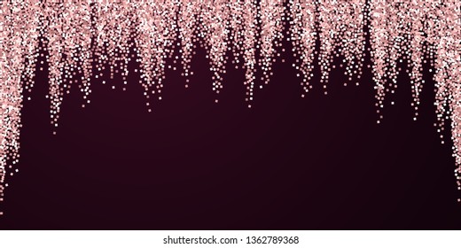 Pink gold glitter luxury sparkling confetti. Scattered small gold particles on red maroon background. Beauteous festive overlay template. Admirable vector illustration.