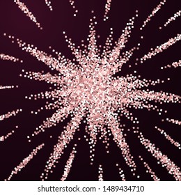 Pink gold glitter luxury sparkling confetti. Scattered small gold particles on red maroon background. Admirable festive overlay template. Good-looking vector illustration.