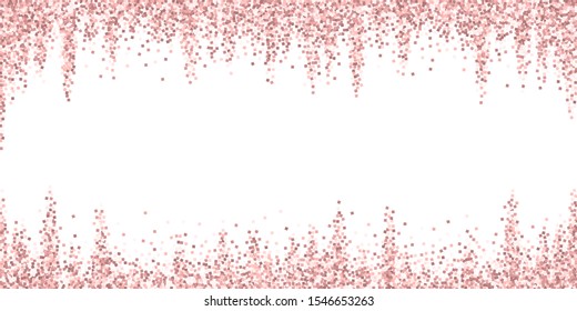 Pink gold glitter luxury sparkling confetti. Scattered small gold particles on white background. Bewitching festive overlay template. Bizarre vector illustration.