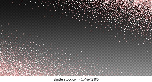 Pink gold glitter luxury sparkling confetti. Scattered small gold particles on transparent background. Astonishing festive overlay template. Nice vector illustration.