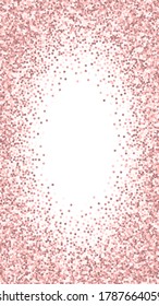 Pink gold glitter luxury sparkling confetti. Scattered small gold particles on white background. Divine festive overlay template. Wondrous vector background.