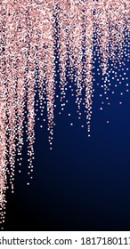 Pink gold glitter luxury sparkling confetti. Scattered small gold particles on dark blue background. Emotional festive overlay template. Lovely vector background.
