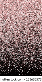 Pink gold glitter luxury sparkling confetti. Scattered small gold particles on black background. Excellent festive overlay template. Uncommon vector background.