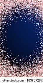 Pink gold glitter luxury sparkling confetti. Scattered small gold particles on dark blue background. Ecstatic festive overlay template. Eminent vector background.