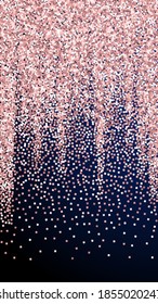 Pink gold glitter luxury sparkling confetti. Scattered small gold particles on dark blue background. Enchanting festive overlay template. Authentic vector background.