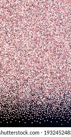 Pink gold glitter luxury sparkling confetti. Scattered small gold particles on dark blue background. Energetic festive overlay template. Majestic vector background.