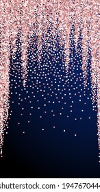 Pink gold glitter luxury sparkling confetti. Scattered small gold particles on dark blue background. Eminent festive overlay template. Rare vector background.