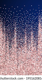 Pink gold glitter luxury sparkling confetti. Scattered small gold particles on dark blue background. Enchanting festive overlay template. Marvelous vector background.