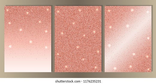 Pink gold glitter on white background cover set. Luxury abstract A4 template for brochures, banners, greeting cards, invitation with text place.