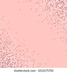 Pink gold glitter. Scatter cornered border on pink background. Great vector illustration.