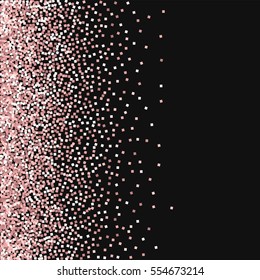 Pink gold glitter. Scatter left gradient with pink gold glitter on black background. Vector illustration.