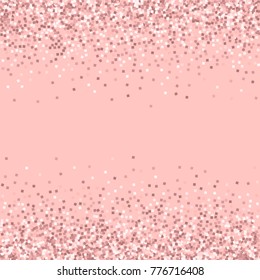 Pink gold glitter. Scattered border on pink background. Amazing vector illustration.