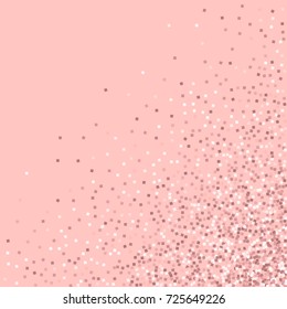 Pink gold glitter. Scattered bottom right corner on pink background. Alluring vector illustration.