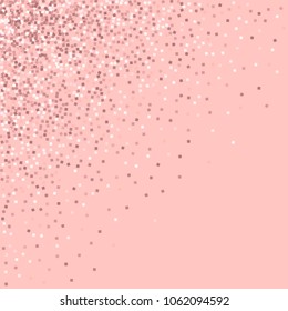 Pink gold glitter. Scattered top left corner on pink background. Terrific vector illustration.