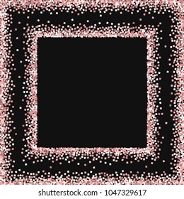 Pink gold glitter. Square abstract frame on black background. Incredible vector illustration.
