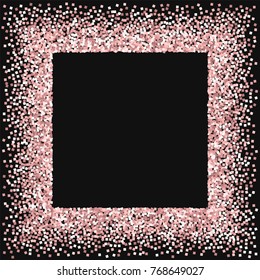 Pink gold glitter. Square messy frame with pink gold glitter on black background. Outstanding Vector illustration.