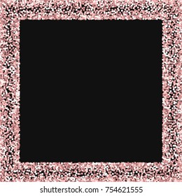 Pink gold glitter. Square scattered border on black background. Surprising vector illustration.