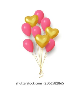 Rosa und Gold herzförmige Ballons Bouquet - Realistische 3D-Vektorgrafik