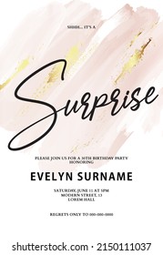 Pink gold invite card , birthday greeting card, surprise template. Luxury watercolor marble template 