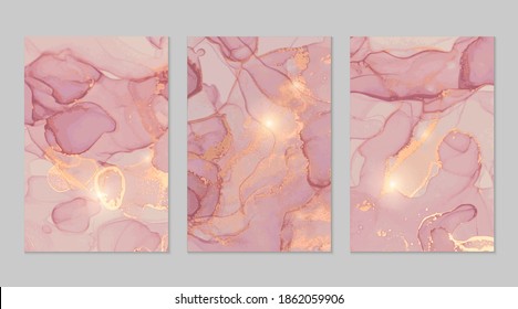 Pink and gold marble abstract backgrounds. Set of alcohol ink technique vector stone textures. Modern paint with glitter. Template for banner, poster design. Fluid art painting
