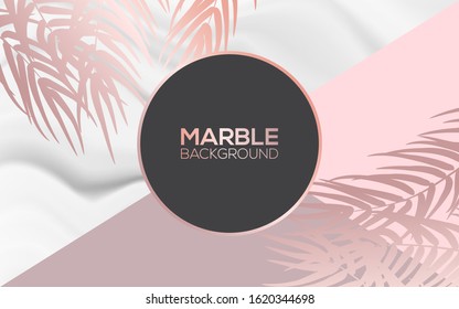 Pink gold marble background with palm branches of a tropical plant. Light modern vector background. The texture of marble stone. Use for wallpaper, brochures or packaging.