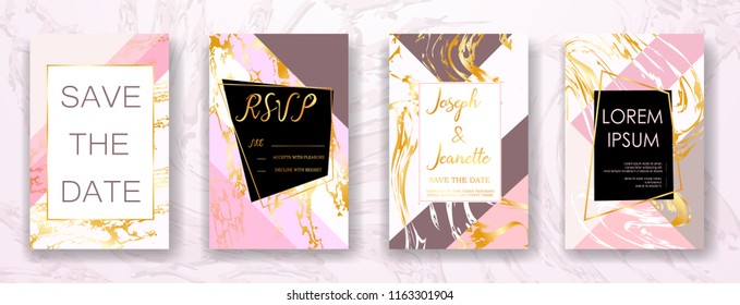 Pink and Gold Marble Invite Template Wedding Cards. RSVP, Save The Date, Retro Beautiful Pink Marble Design With Gold Marble Ornament Frame Pattern. Vector Illustration. EPS 10.