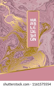 Pink and gold marble pattern. Powder pink marbling texture. Decorative marbled template with golden banner. Vector illustration.