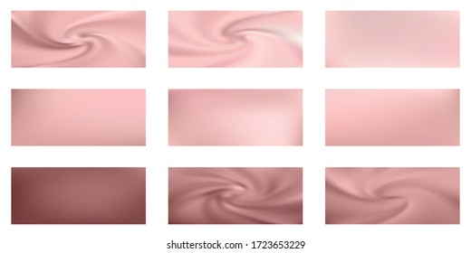 Pink gold mesh gradients vector collection. Golden rose pink foil glossy blurred backgrounds set. Metallic silk texture rose gold gradients abstract graphic design for web, sale ads. Shiny badges.