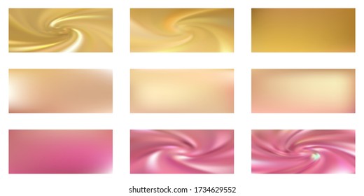 Colección vectorial de gradientes de malla dorada rosa. Papel rosa dorado lámina rosa brillante fondo borroso conjunto. La textura de seda metálica rosa gradientes de oro diseño gráfico abstracto para web, anuncios de venta. Señales brillantes.